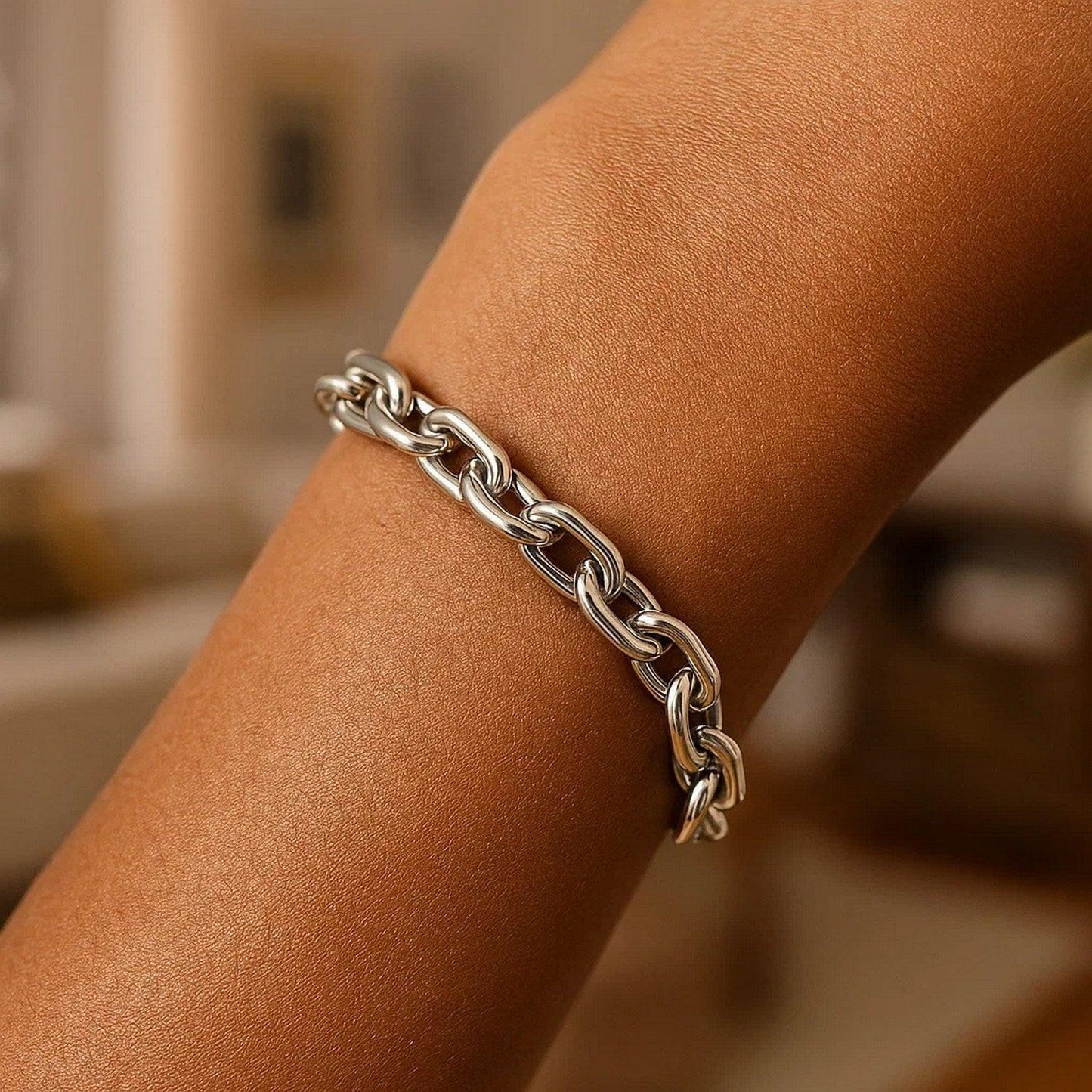 Sterling Silver Rhodium Plated Oval Link Bracelet