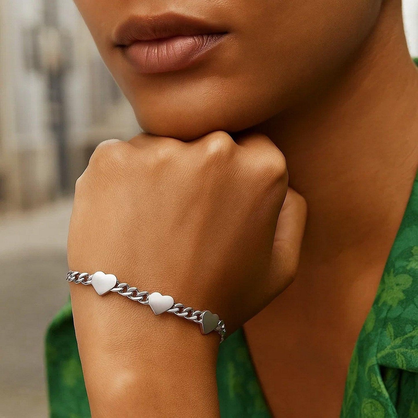 Sterling Silver Rhodium Plated Heart Chain Bracelet