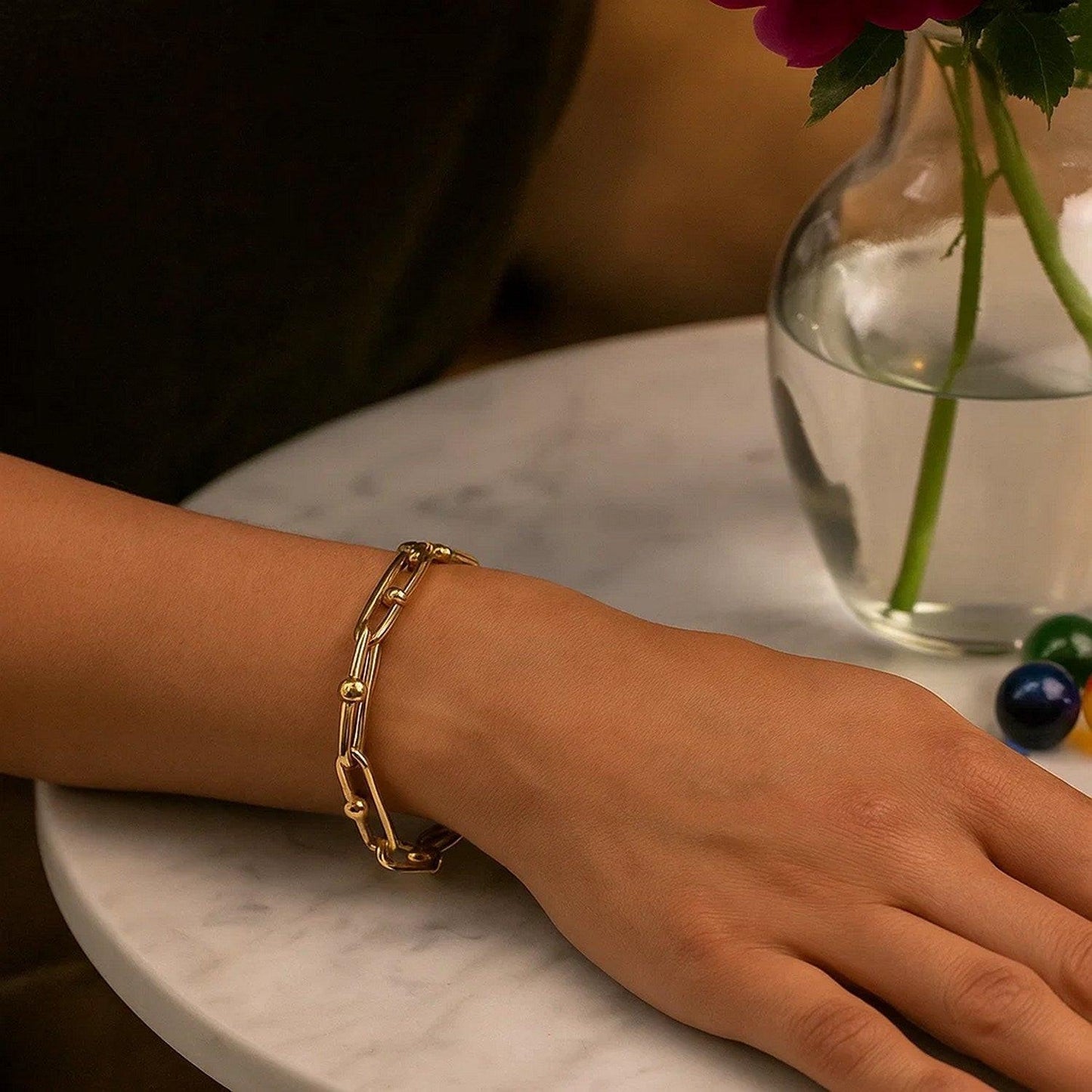 14k Yellow Gold 7 3/4 inch Beaded Oval Chain Bracelet (7.20 mm)