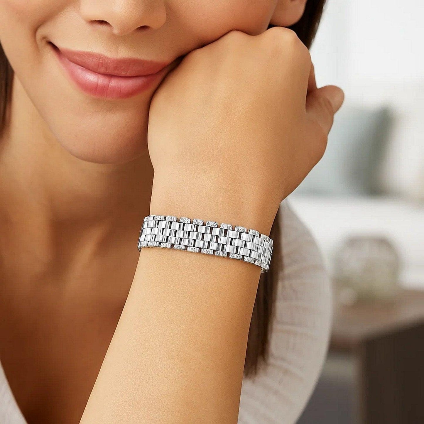 14k White Gold Faceted Panther Link Chain Bracelet