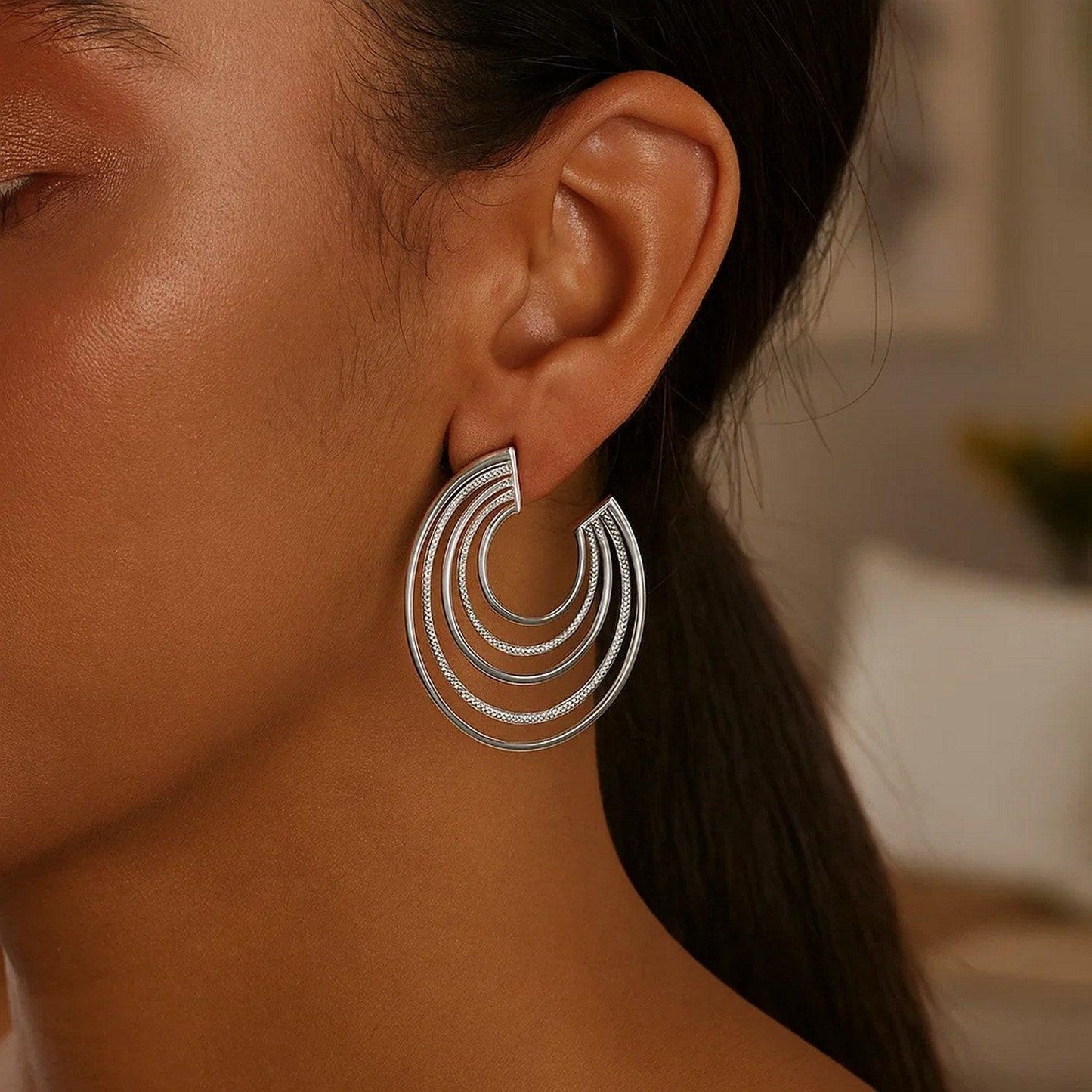 Sterling Silver Diamond Cut and Polished Five Row Hoop Earrings