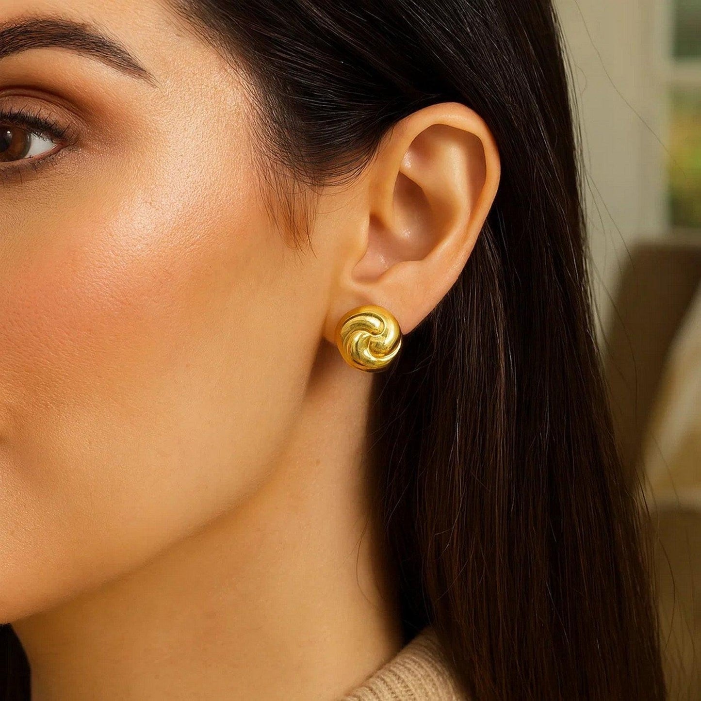 Sterling Silver Yellow Gold Plated Puffed Swirly Knot Stud Earrings