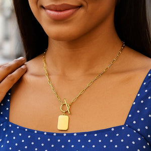 14k Yellow Gold Paperclip Chain Necklace with Rounded Rectangle Pendant