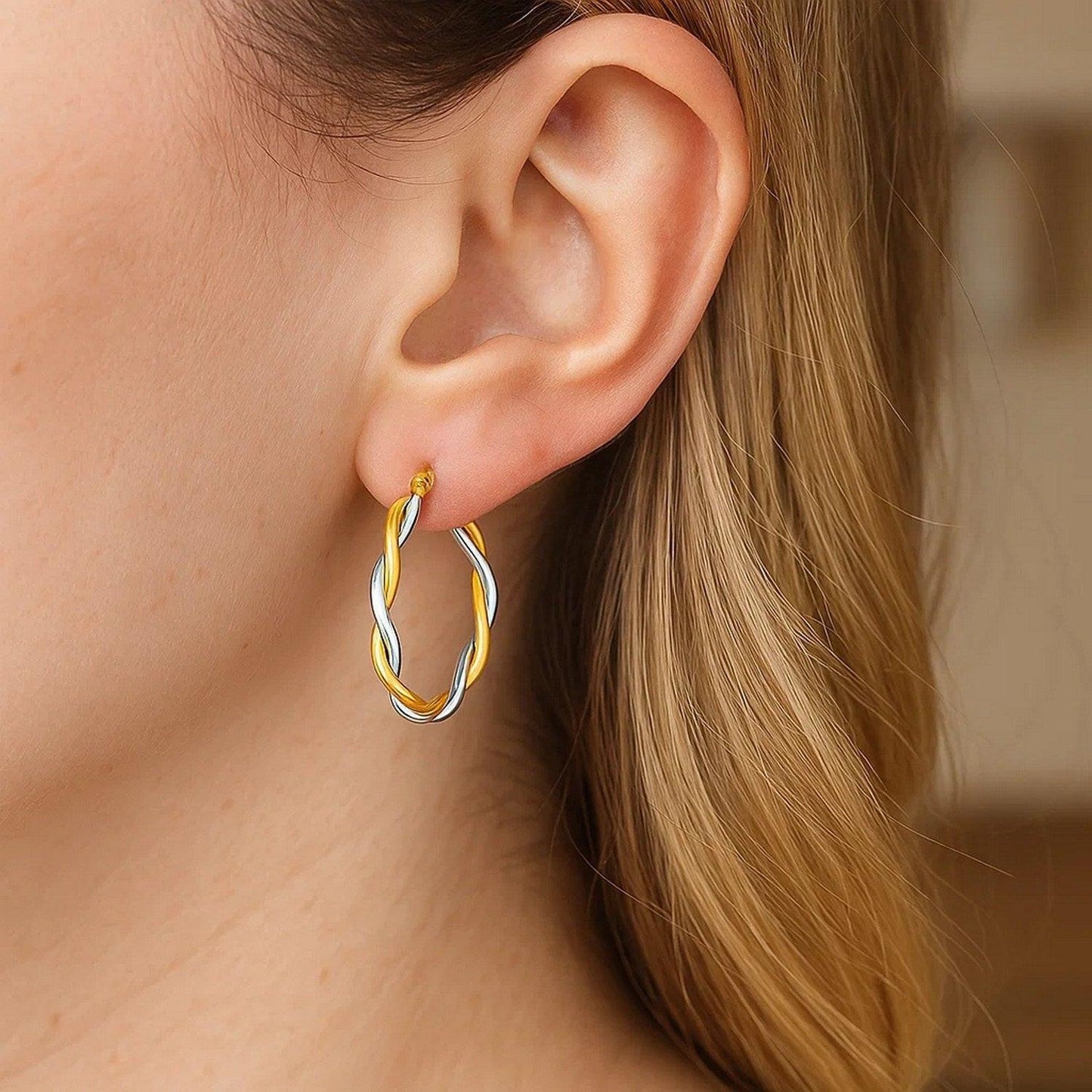 Two-Tone Twisted Wire Round Hoop Earrings in 10k Yellow and White Gold(3x20mm)