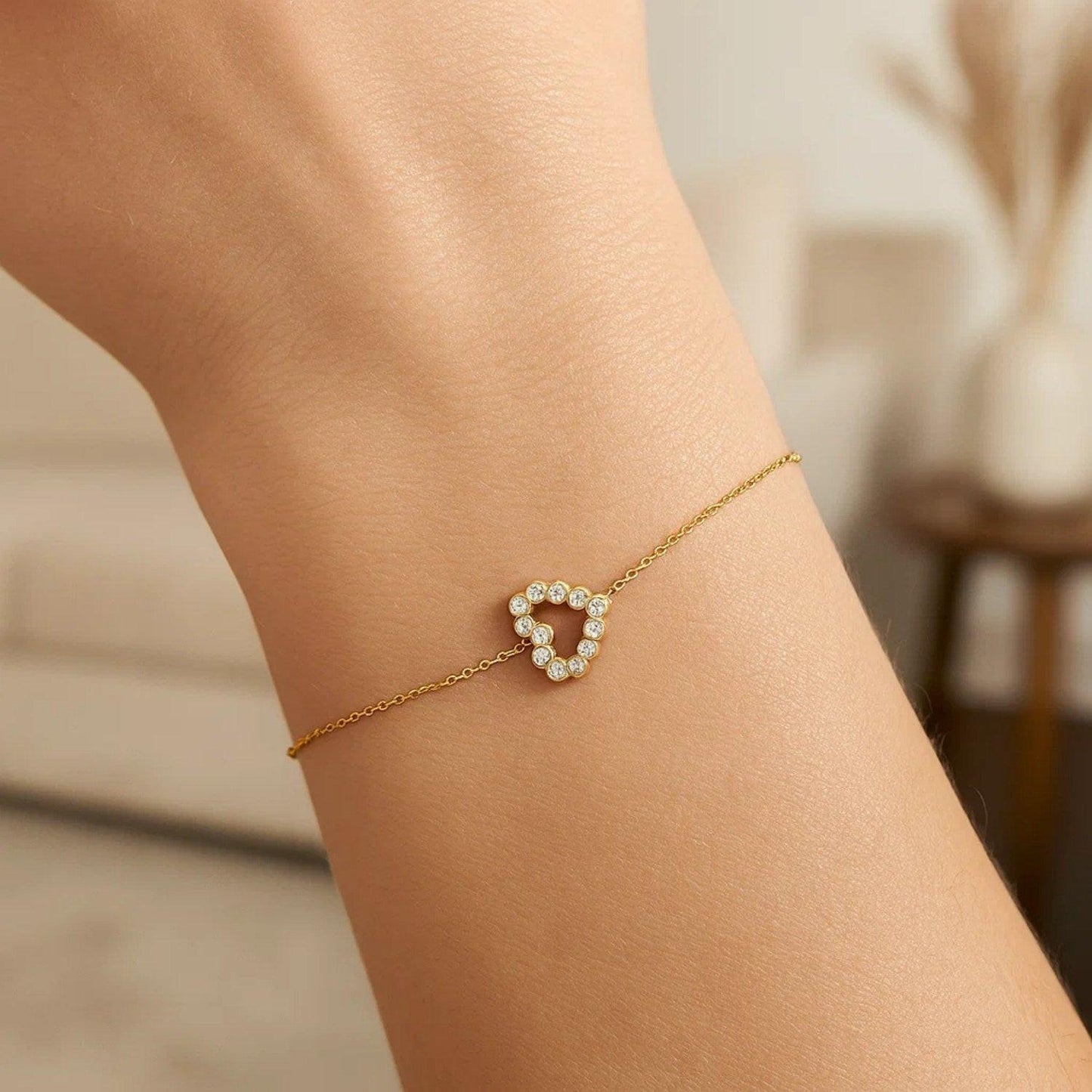 Elegant 14k Yellow Gold Petite Diamond Heart Bracelet