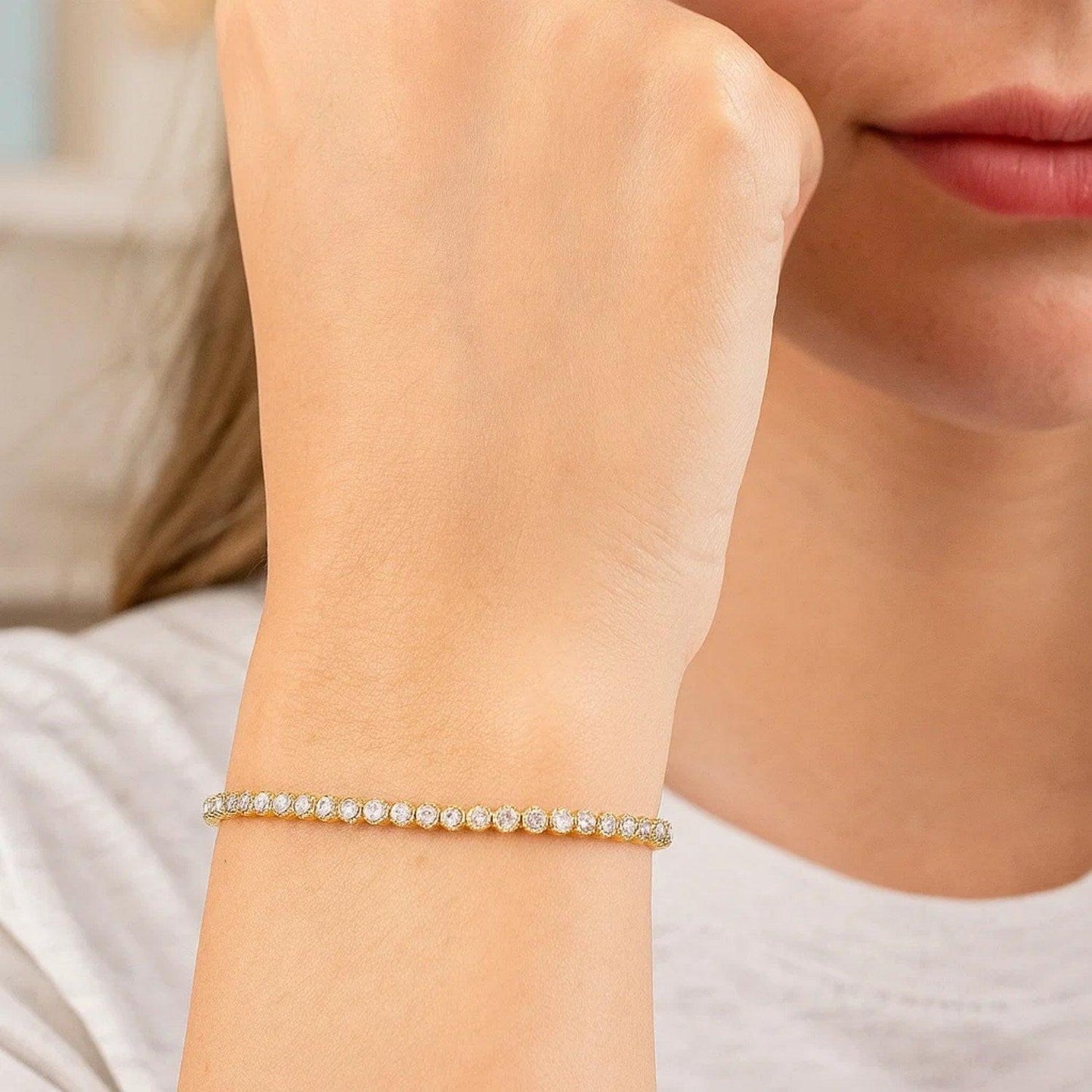 14K Two Tone Gold Diamon Oro Tennis Bracelet (2.40 mm)